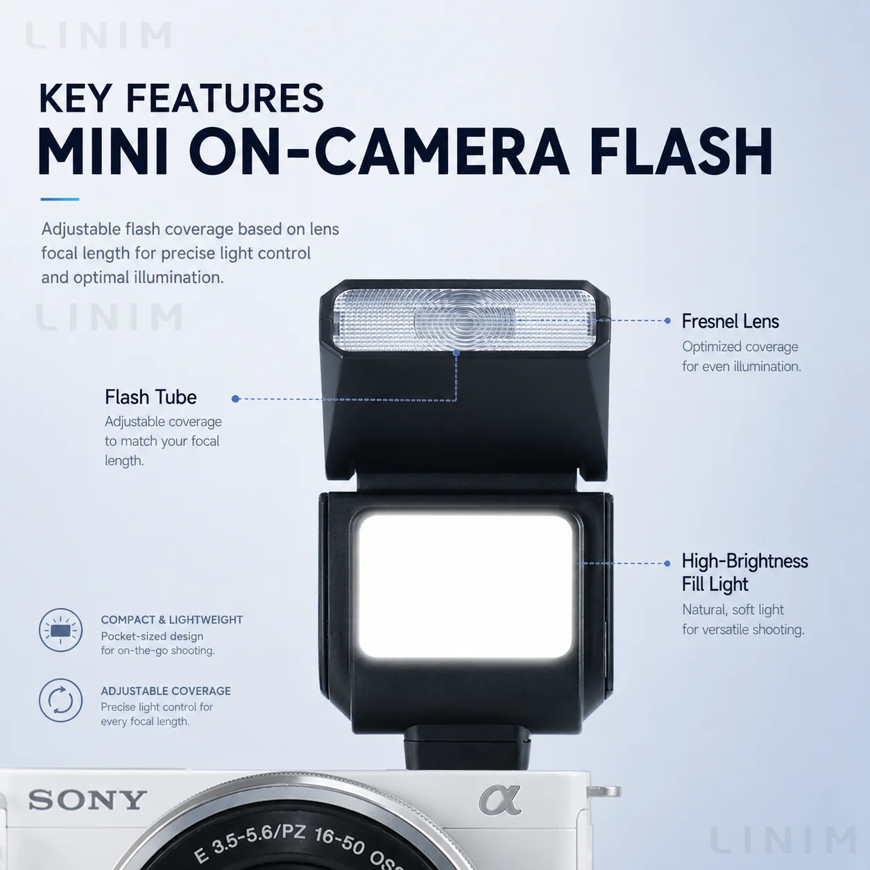 LINIM Hi05 Mini Camera Flash Rechargeable Hot Shoe Speedlite 90° Adjustable Fill Light for Sony Canon Nikon Fuji