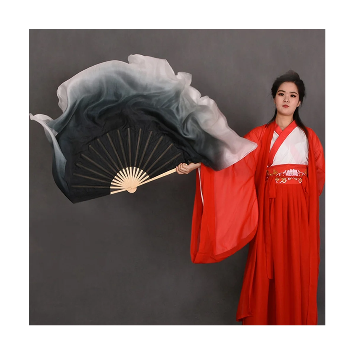 2 Layers Half Moon Real Silk Veils Double Side Fan Pair for Folk Dance Show Props Black White Silk Fan 1L+1R