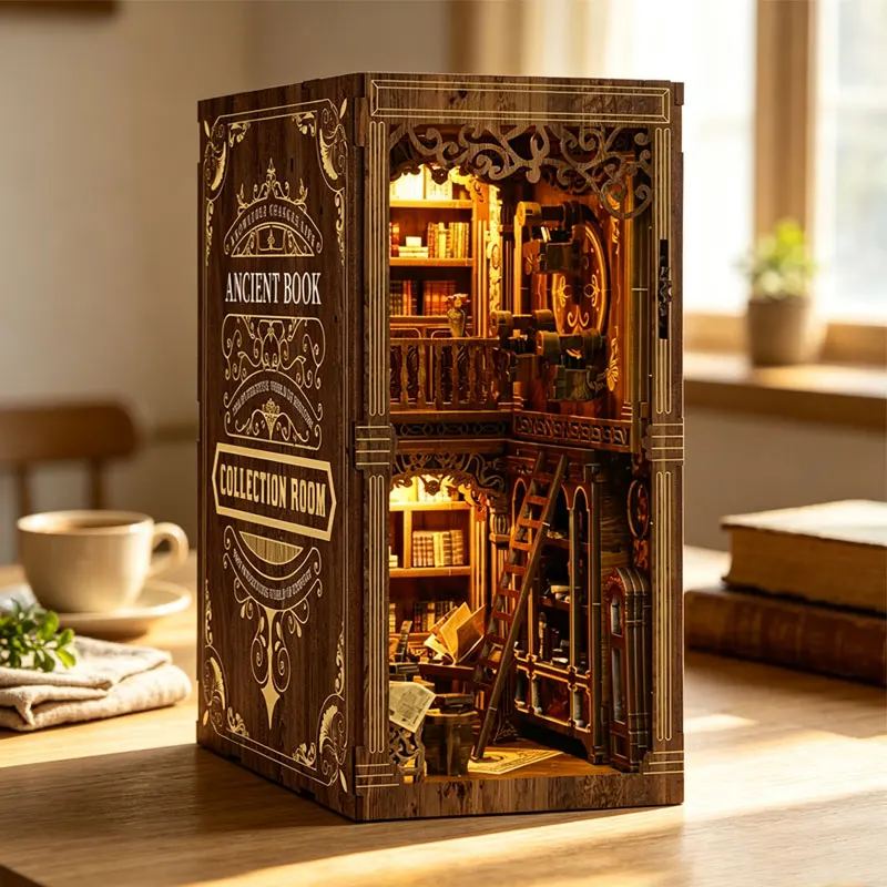 Wooden Book Nook 3D Puzzle Miniature Doll House Kit With Furniture DIY Bookshelf Insert Home Decor Toys For Xmas Birthday Gifts