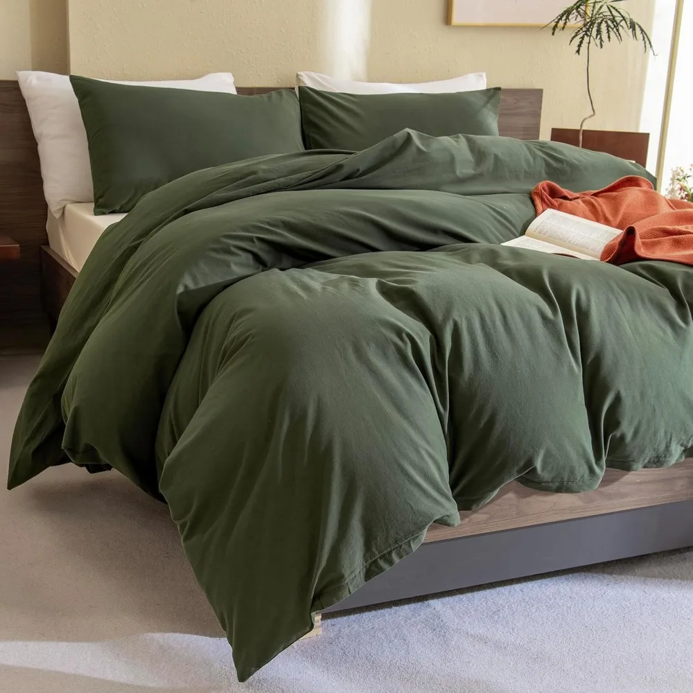 

Olive Green Queen Size Comforter Set Cotton, Dark Green Bedding Comforers Set Solid Color, 3 Pieces Lightweight Aesthetic