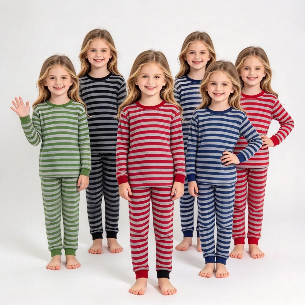 Kids Striped Pajama Set Boys Girls Soft Cotton Long Sleeve Sleepwear Round Neck Home Pjs Outfit For Children Homewear Pijamas