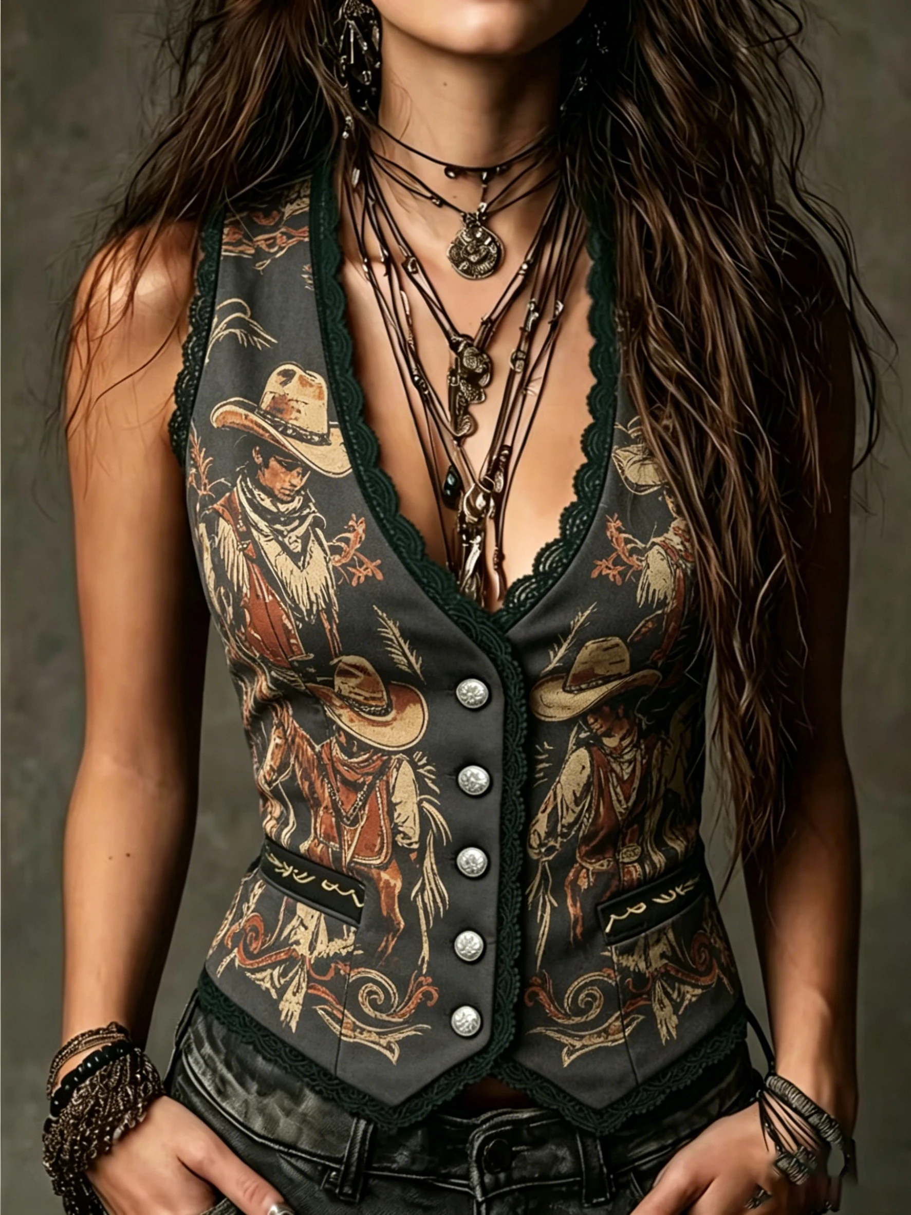 

Vintage Western Cowboy Figure Print Tank Top for Women Lace Trim V Neck Sleeveless Vest Slim Button Casual Top for Daily Outfit