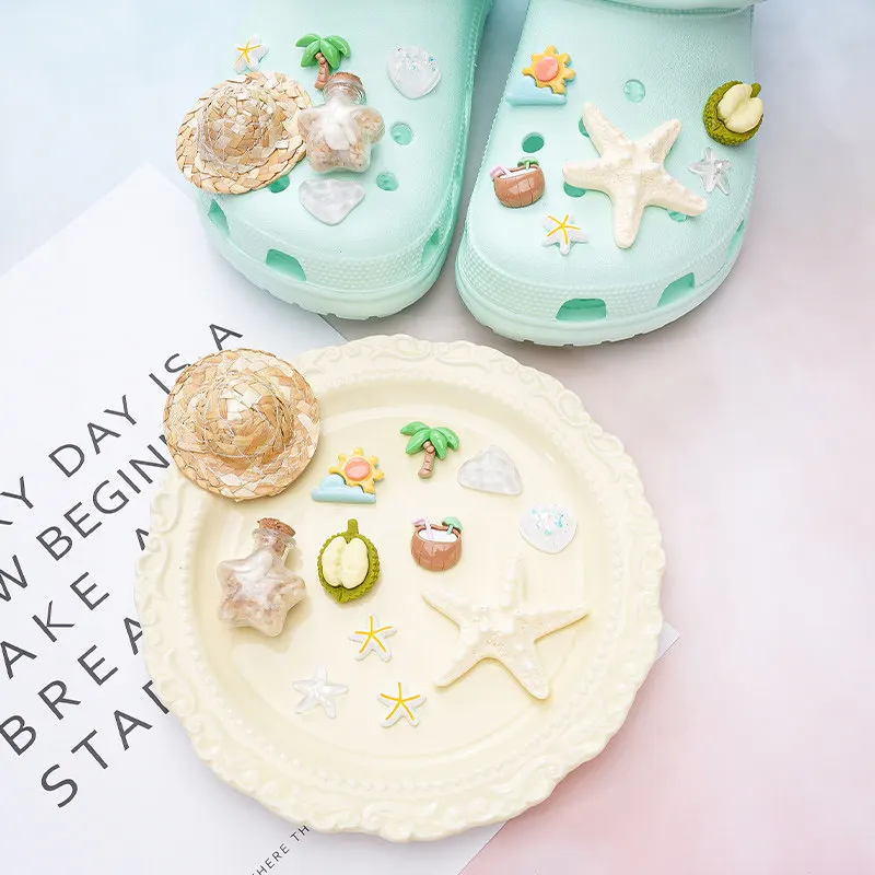 Summer Coconut Tree Starfish Shoe Charms Sand Bottle Straw Hat DIY Decorative Accessories for Clogs Sandals Beach Style Gifts