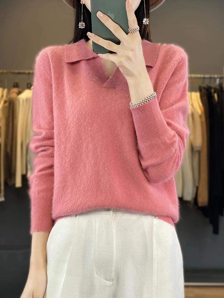 Winter Spring 100% Mink Cashmere Women Jumper Polo-Collar Fashion Knit Solid Color Sweater Long Sleeve Large Size Base Warm Tops