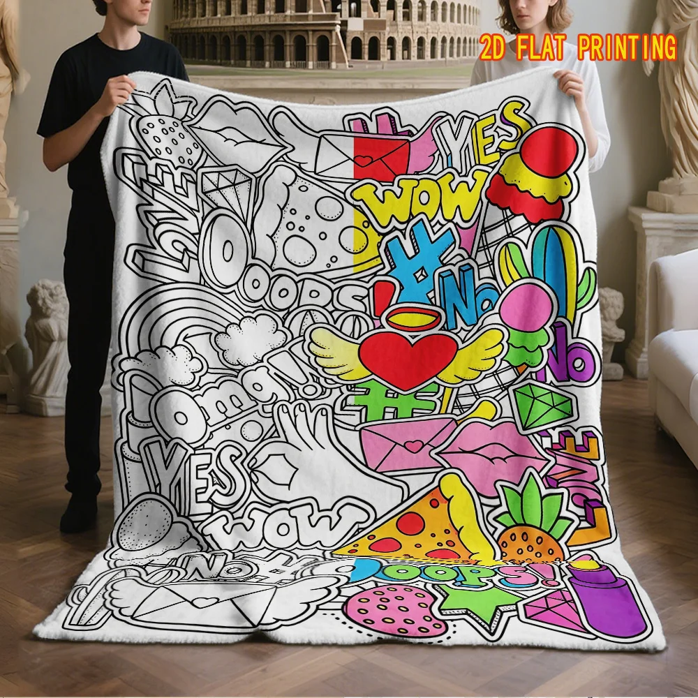 Pop Art Doodle Stickers Heart Food Letter Decor Pattern Throw Blanket Soft Flannel for Living Room Couch Bed Home Decor Gift