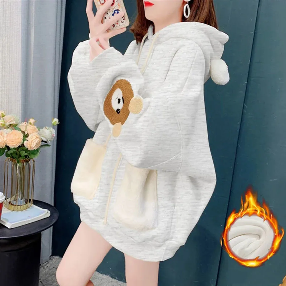 Quality Autumn Winter Lamb Hoodies Women Kawaii Plush Sweatshirt Jacket Warm Hooded Ear Female Cute Bear Print Sweatshirts Coats