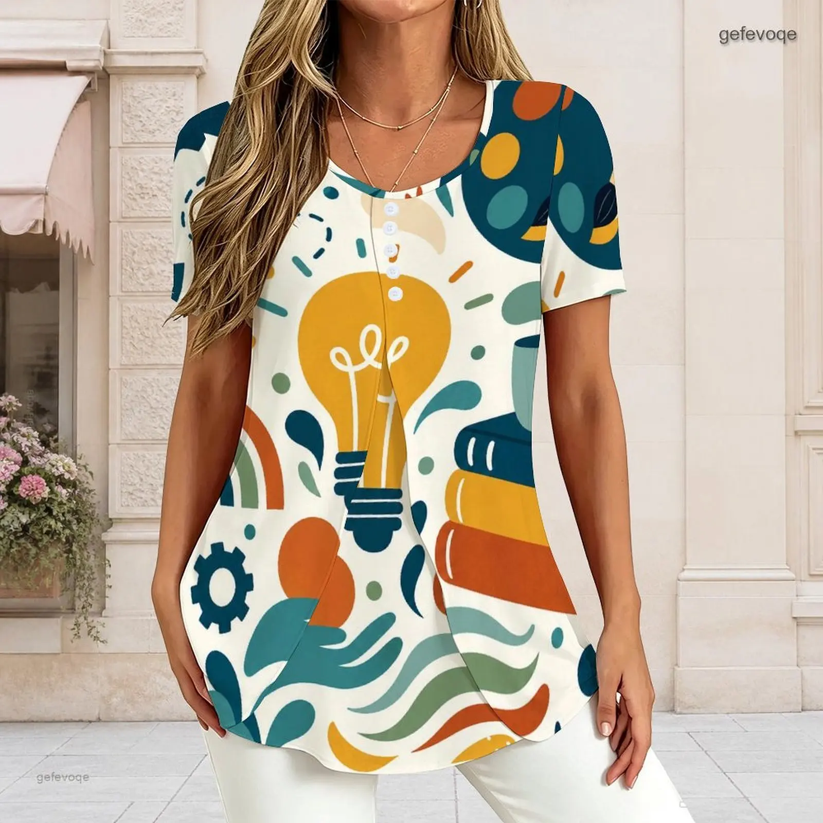 Women V Neck Short Sleeve T Shirt Half Button Placket Fake Two Piece Layered Curved Hem Loose Tunic Top Custom Print Ladies Casu