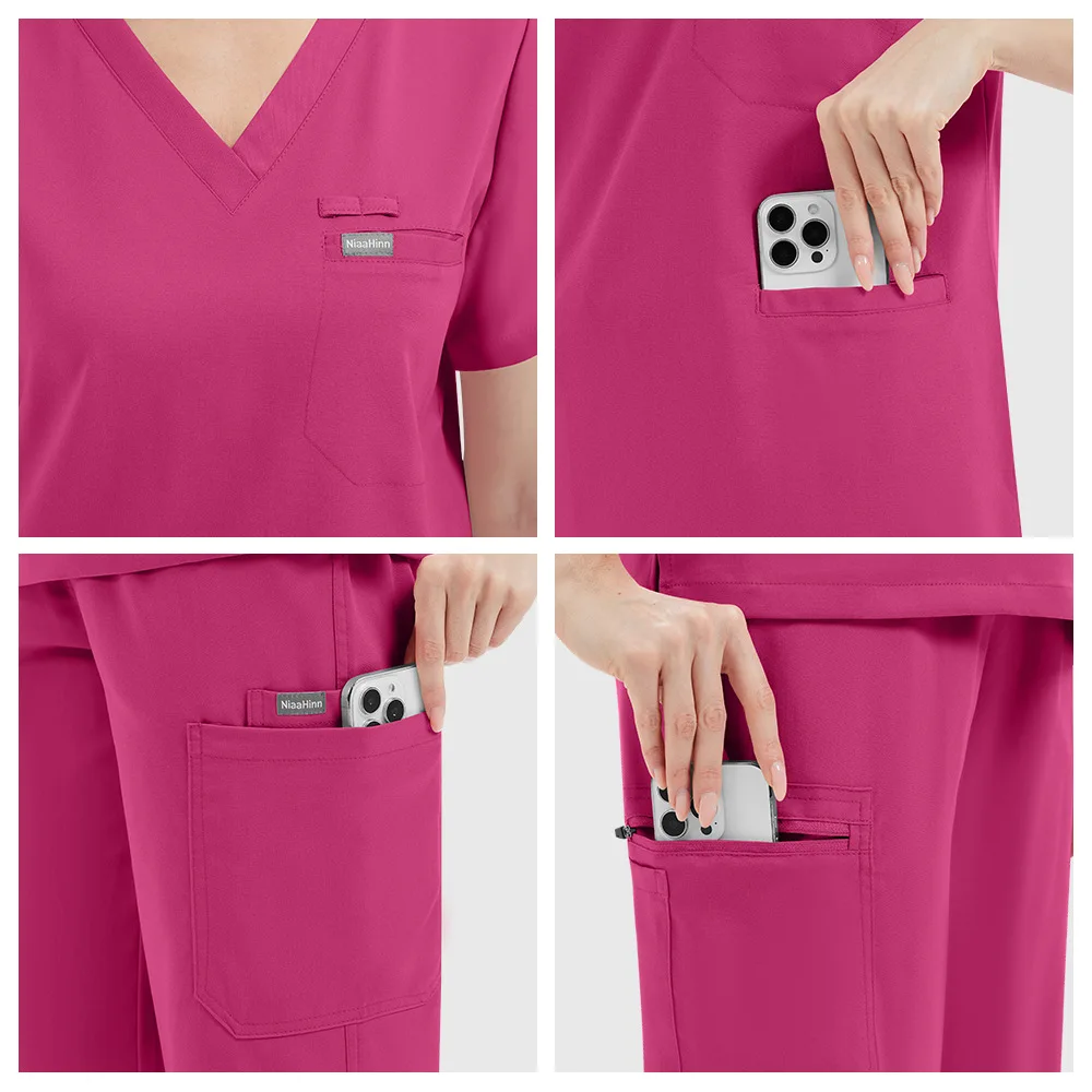Dentist Workwear Medical Nurse Accessories Solid Color Scrubs Tops Straight Pants More Pockets Scrub Set Clinical Doctor Uniform view 6