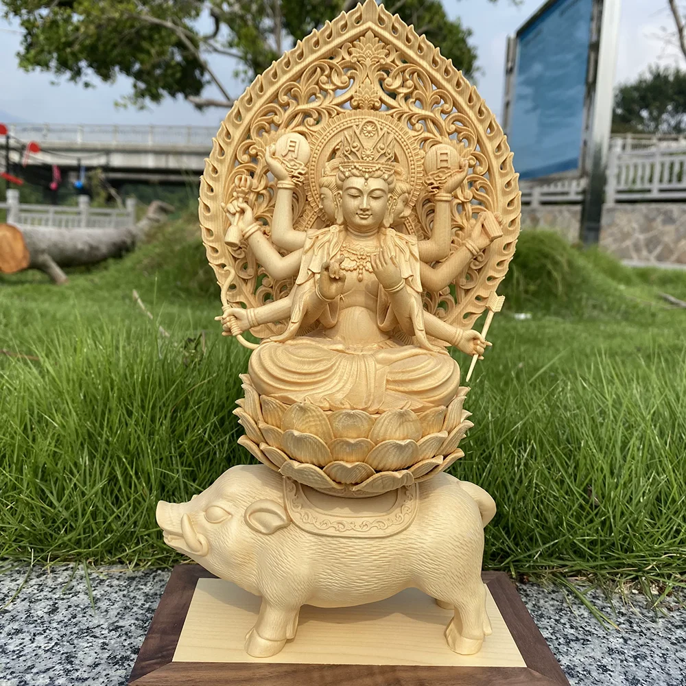 Marici Statue, Hinoki Wood Hand-Carved Three-Faced Eight-Armed Goddess, Molizhitian Buddhist Deity for Home Altar, Esoteric Budd