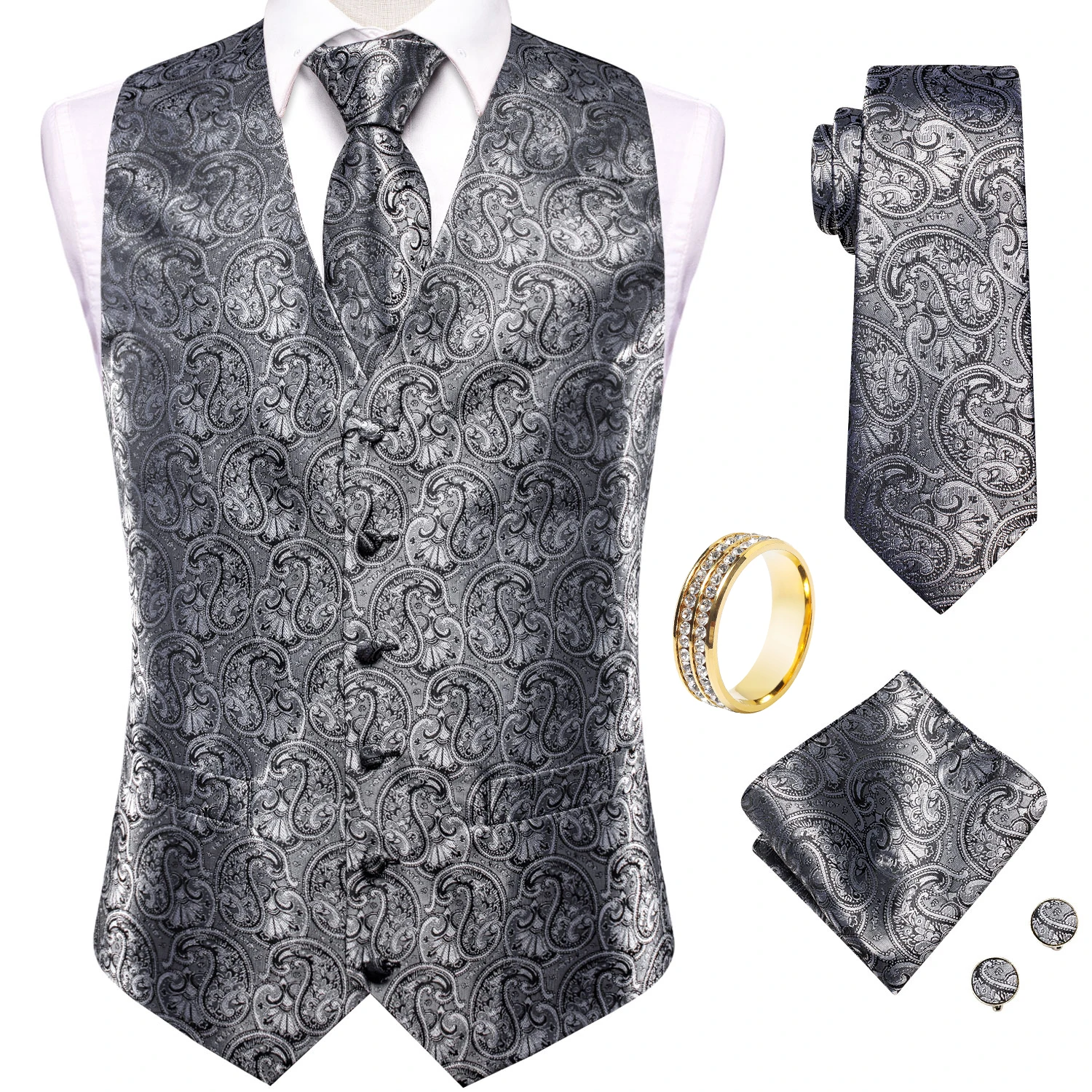 Silver Grey Paisley V-Neck Vest Accessory Set Tie Pocket Square Cufflinks Ring For Prom Guest Occasion