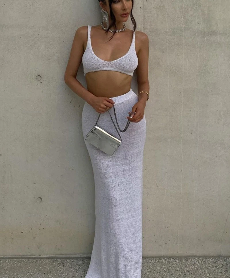 2PCS Women's Long Bandage Knit Dress Sexy Strap Crop Top High Waist Skirt Bikini Cover up Wrap Bottom Crochet Beach Swimwear
