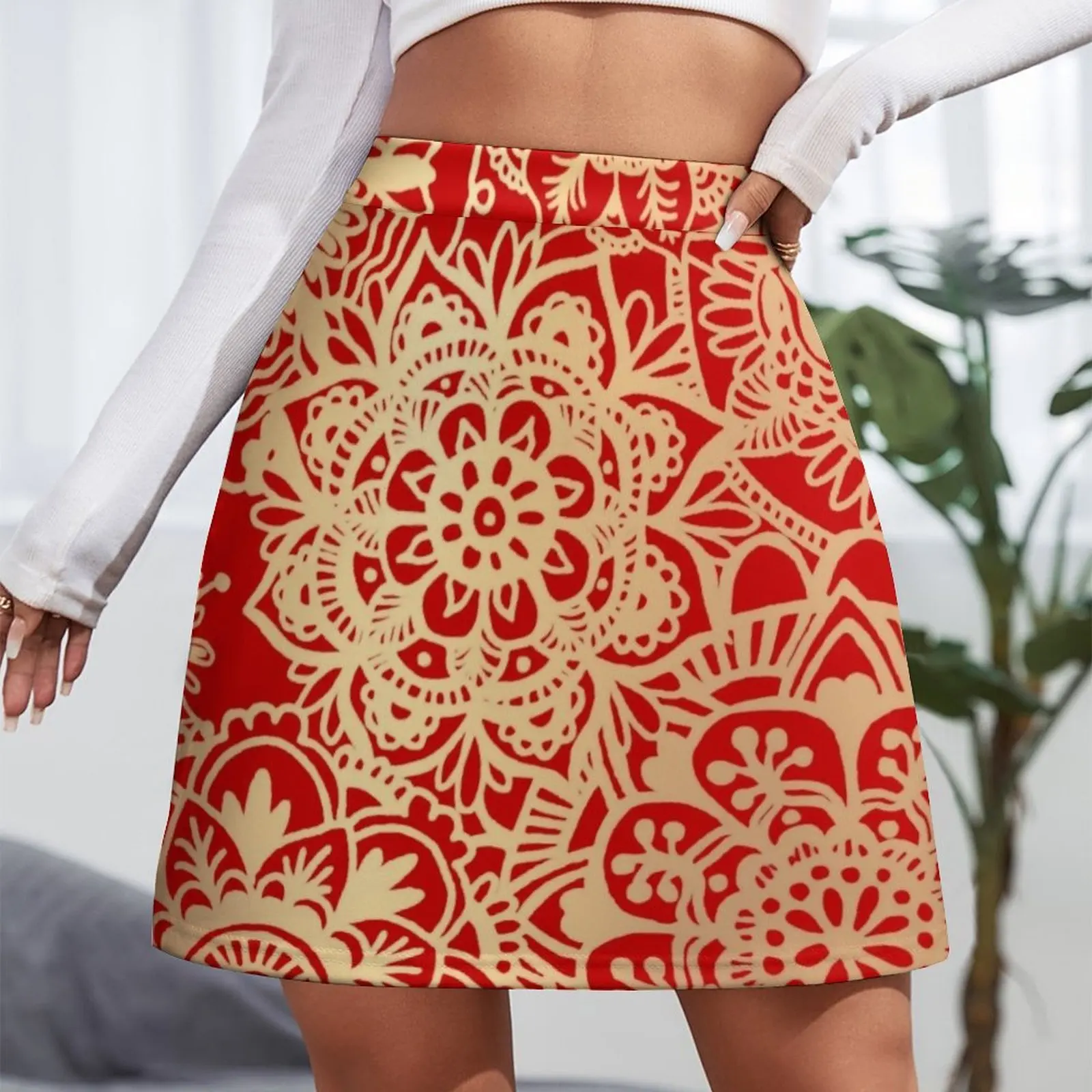 Red and Gold Mandala Pattern Mini Skirt korean clothes ladies Clothes for summer mini skirt