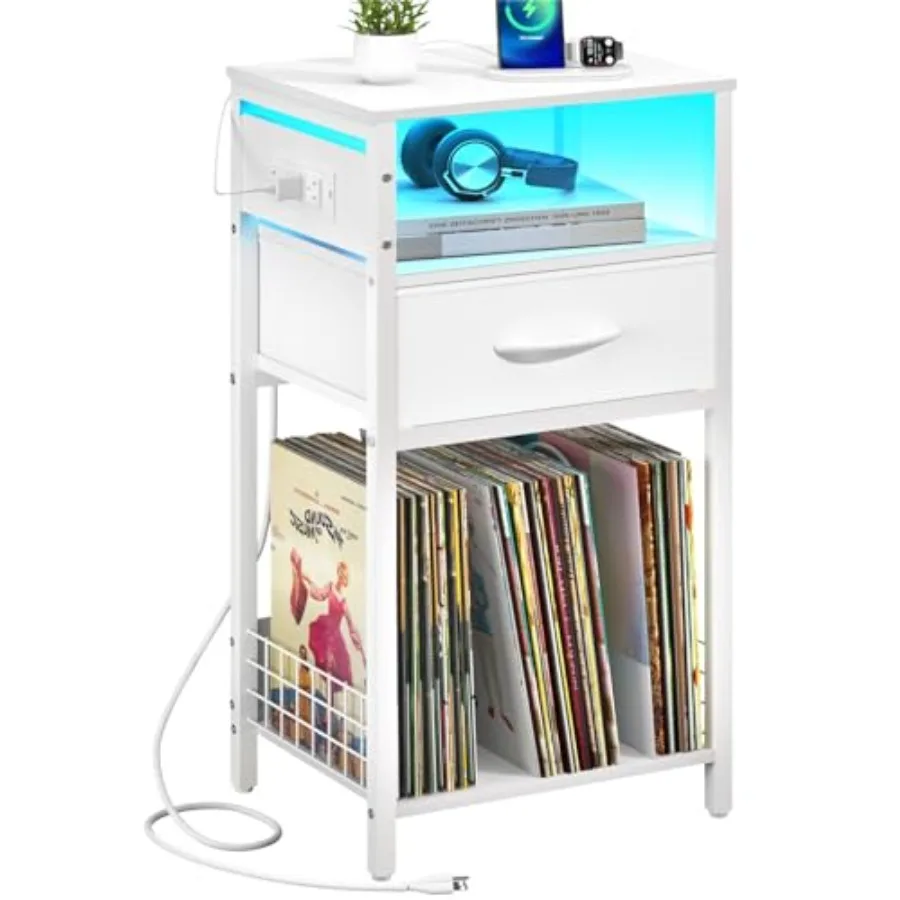 

Record Player Stand with Storage - End Table with Charging Station and LED Lights Vinyl Record Storage Holds Up to 100 Albums N