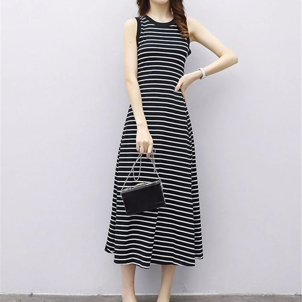 여름 스트라이프 스트랩 롱 캐미솔 베스트 드레스 여성 루즈 캐주얼 티셔츠 무릎 길이 비치 휴가 비치 롱 A라인 스커트
