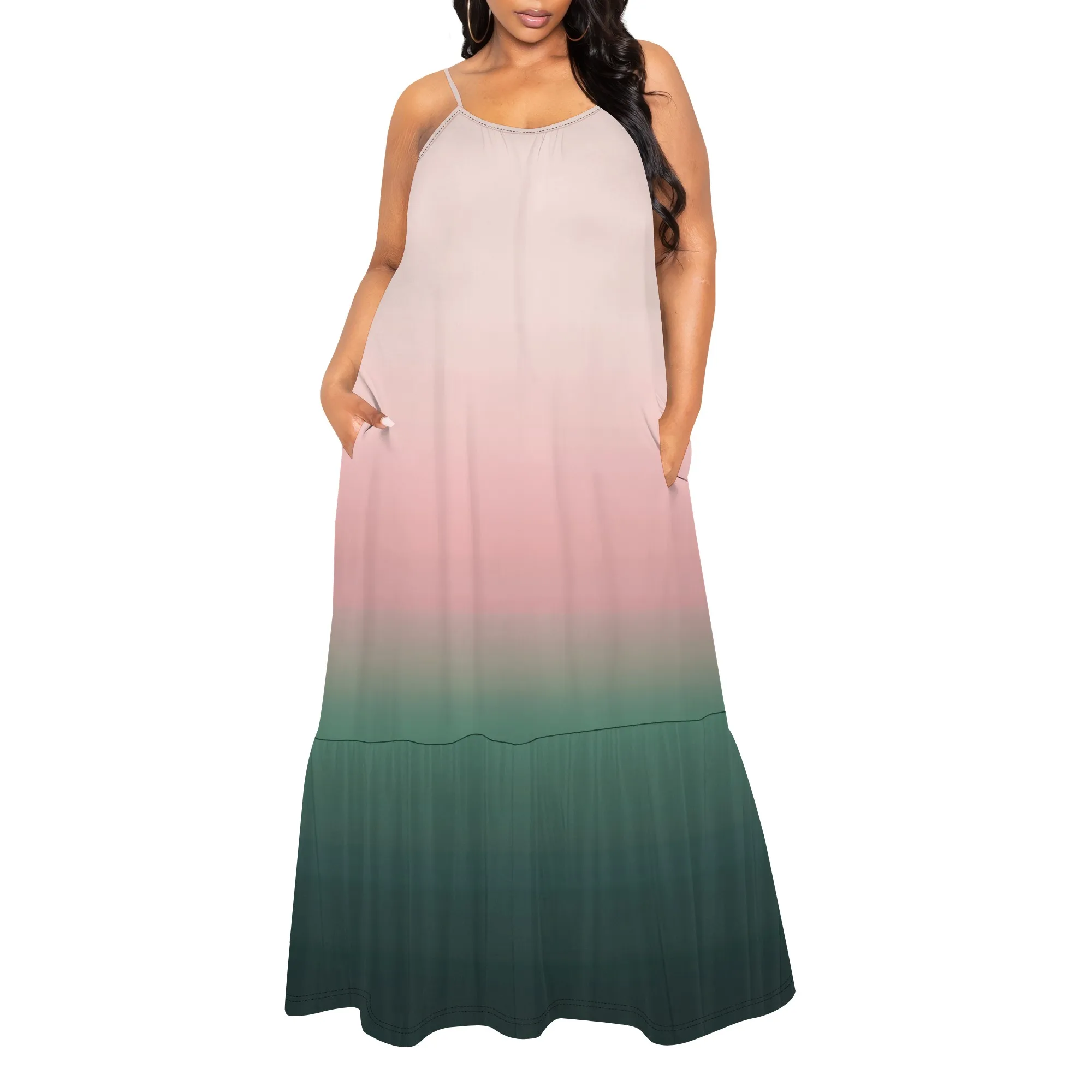 

Women Summer Casual Loose Sleeveless Sundress Spaghetti Strap Solid Color Beach Party Maxi Long Dress with Pockets