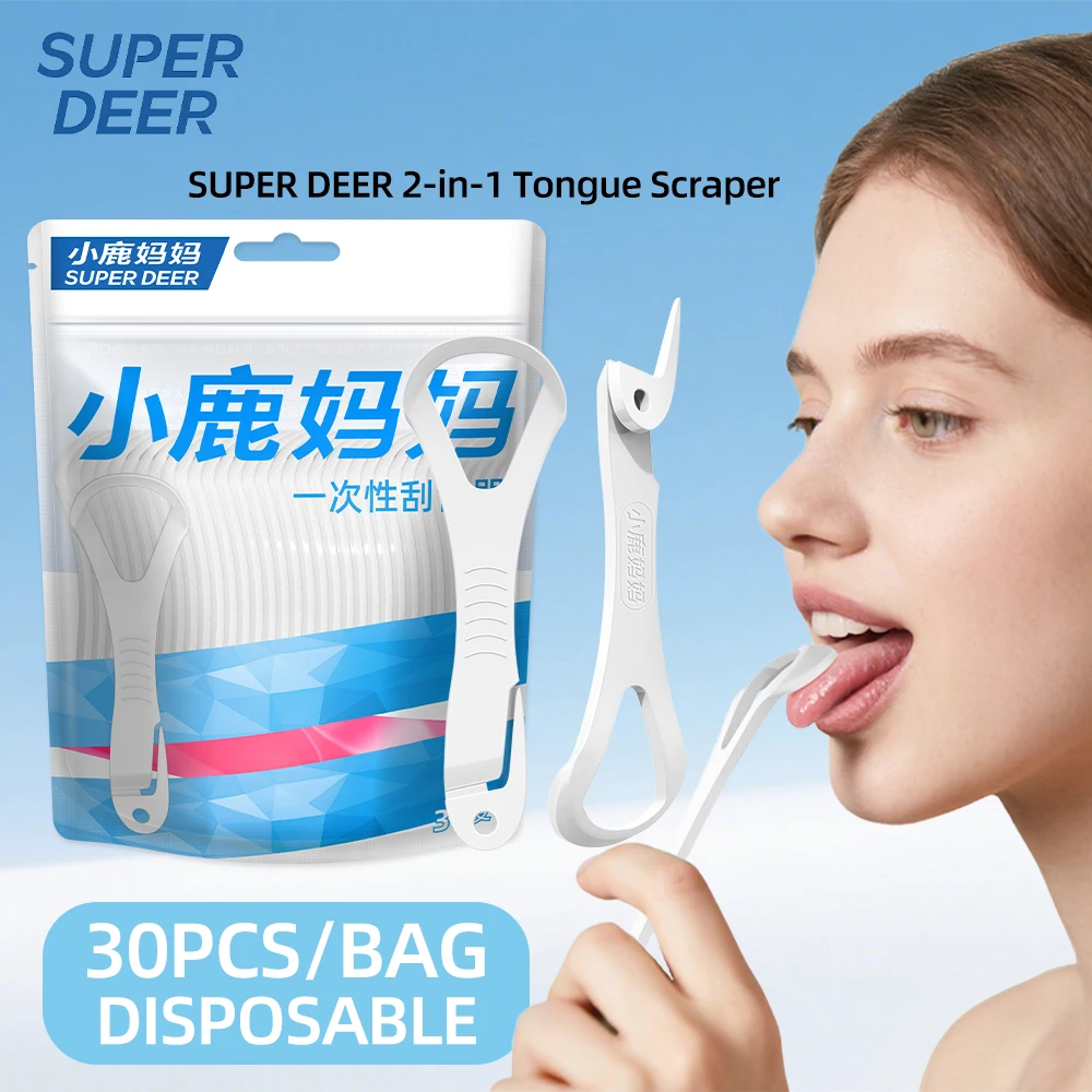 Super Deer 30Pcs Disposable Tongue Scraper with Dental Picks Dual-use Plastic Tongue Cleaner Scrapers Reduce Bad Breath
