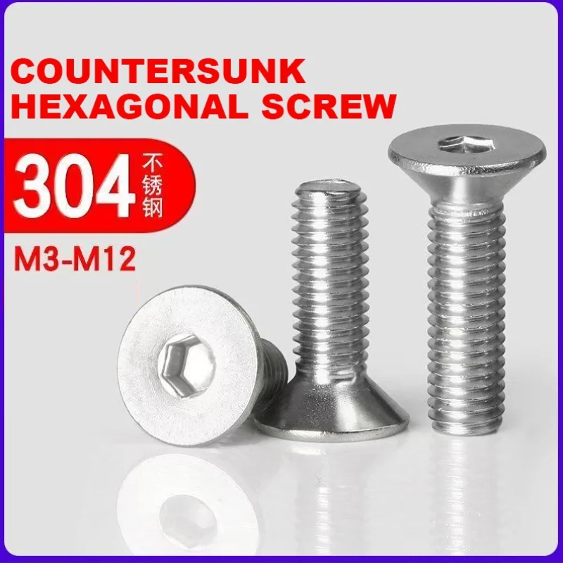 M3 304 Stainless Steel Hexagon Socket Countersunk Head Screw DIN7991 Allen Head Bolt Hardware Fastener Lenght 3/4/5/6/8/10-100mm