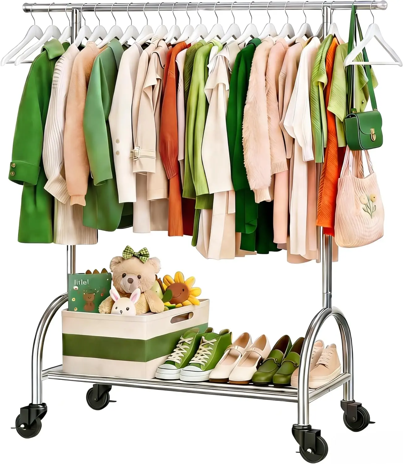 

Upgraded 100% Stainless Steel Heavy Duty Clothing Rack, 450 LBS Load Capacity Extendable Adjustable Rolling Clothing Rack wit