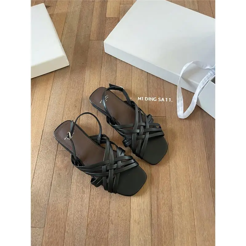 Female Sandal 2024 Women's Low-Heeled Shoes With Strap All-Match Shallow Mouth Girls Outside New Low-heeled Summer Beige Clear G