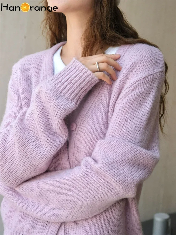 HanOrange 2024 Autumn Winter Lazy Mohair Knitted Cardigan Women Loose Light Fluffy V-neck Wool Sweater Off White/Purple