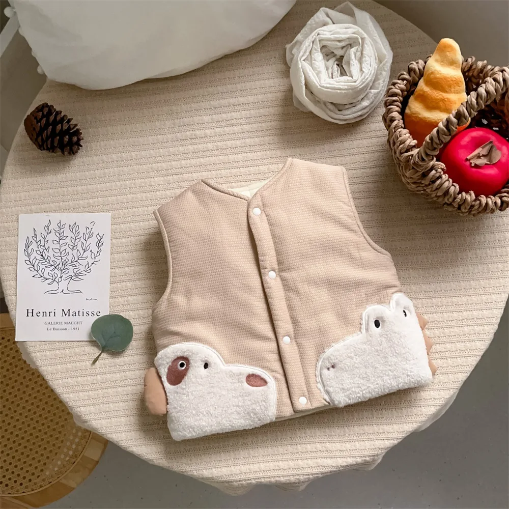 

Korean Autumn Children Boy Vest Cotton Cartoon Pattern Casual Plush Baby Boy Vest Round Neck Thickened Sleeveless Kid Boy Vest