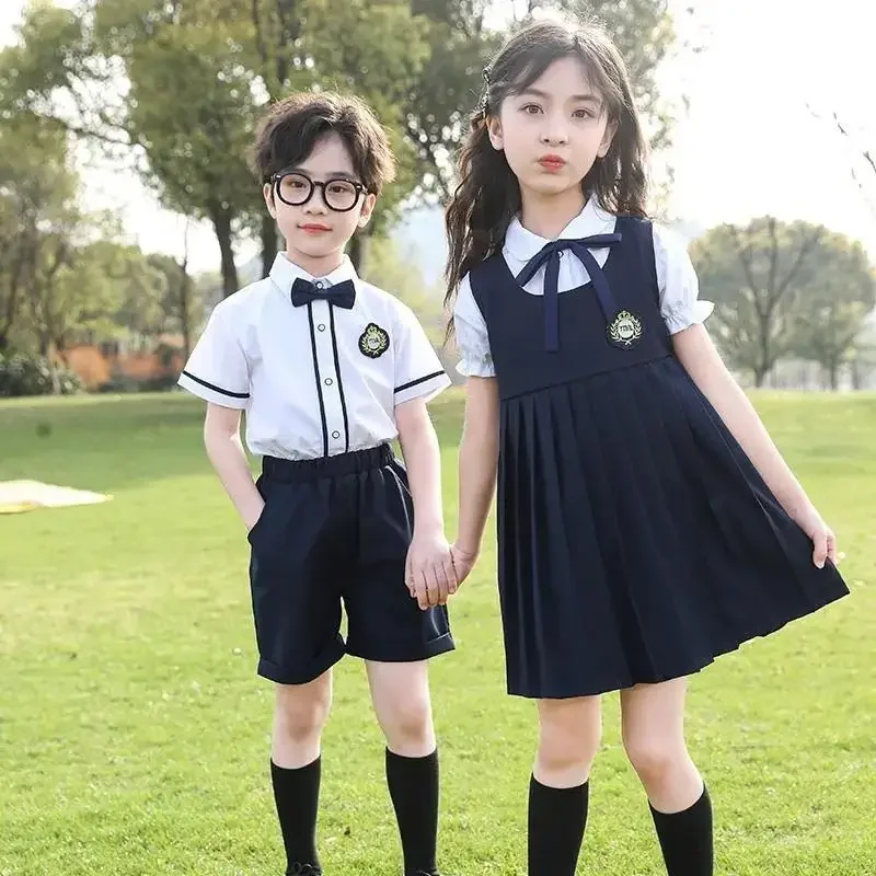 

2pcs 2024 summer Teens Girls boys Cloth Jk Uniform Bow Blouse Shirt + dress Skirt or short pants children set 4 5 6 8 10 12 year