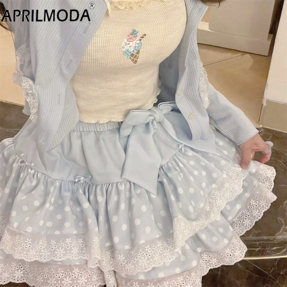 Y2k Aesthetic Woman Kawaii Skirts Pink Blue Lace Mini Casual Ruffle Skirt Indie Alt Vintage Harajuku Korean School Lolita Skater