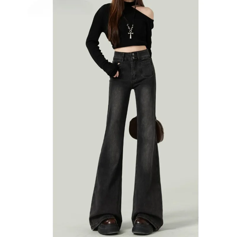 Black Grey Micro Flare Jeans Women's High Waist Cotton Blend Washed Versatile Autumn Winter Small Stature Micro Flare Pants