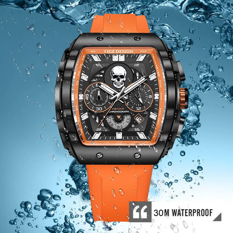 

Модные роскошные часы LIGE для мужчин, классические повседневные спортивные часы с изображением черепа, водонепроницаемые, с автоматической датой, силиконовый ремешок, кварцевые наручные часы Reloj Hombre
