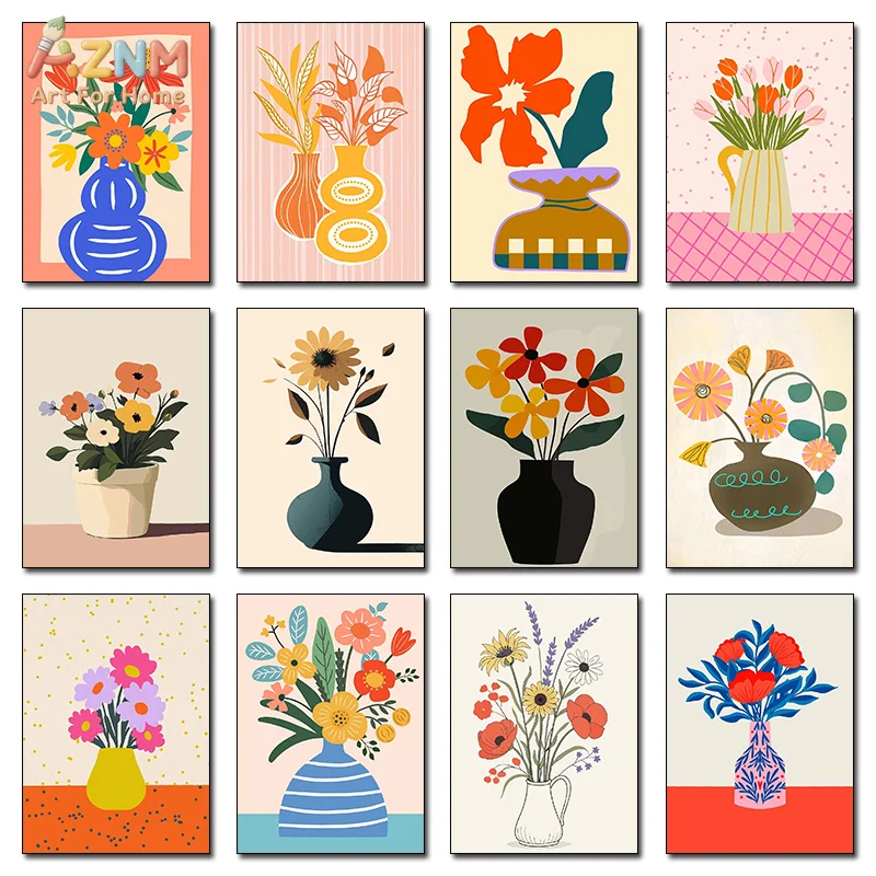 AZNM Bright Abstract Vase Floral Canvas Print Colorful Modern Still Life Flower Boho Living Room Unframed Wall Poster Decor Art