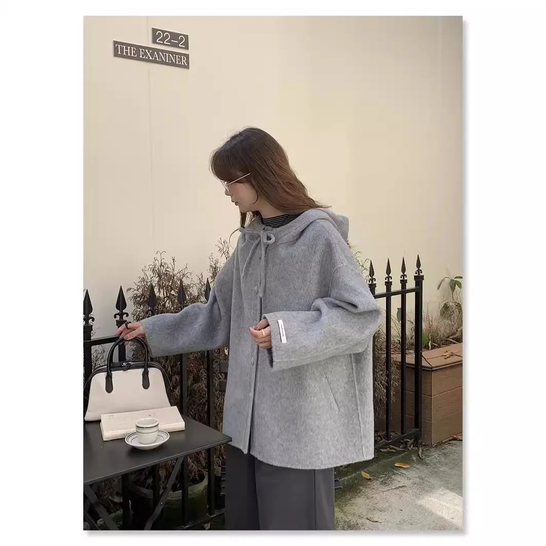 UMI MAO abrigo de lana chaqueta de otoño para mujer nuevo abrigo de lana de doble cara Bowknot estilo universitario coreano abrigo de lana con capucha de tamaño pequeño