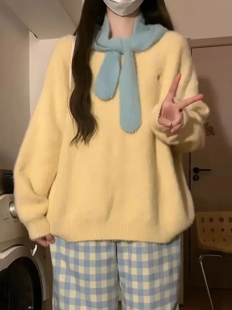 

Soft Cozy Yellow Overhead Sweater Women's Loose Lazy Knitted irt Autumn Winter Design Sense with Scarf Japanese Sle Long ...