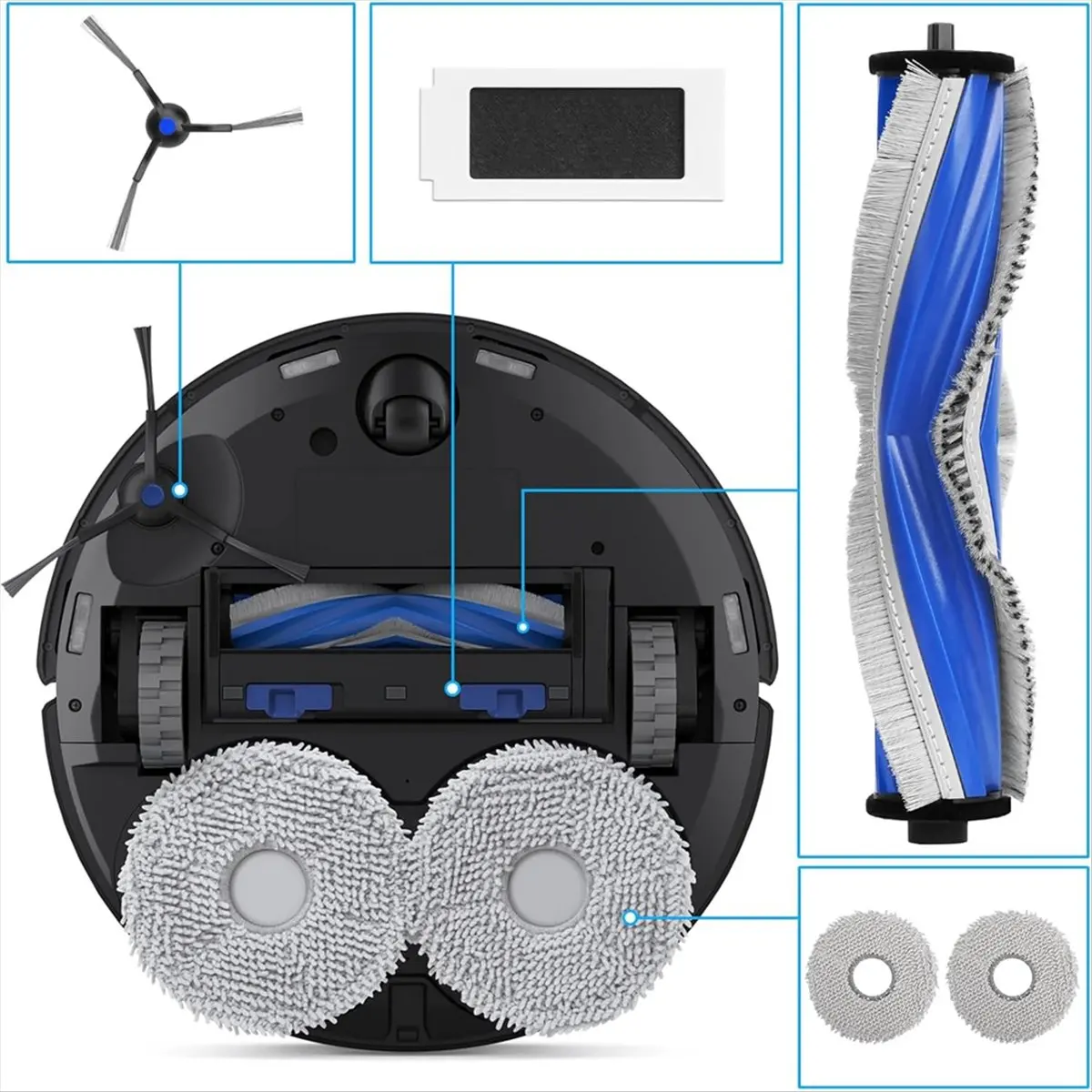 

Аксессуары для робота-пылесоса Ecovacs Deebot T30 Omni / T30 Pro Omni: основная и боковые щетки, HEPA-фильтры, салфетки для влажной уборки, мешки для сбора пыли.