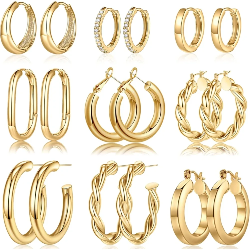 

Yesteel 9 Pairs 14K Gold Hoop Earrings Set for Women – 925 Sterling Silver Hypoallergenic Chunky Lightweight Gift