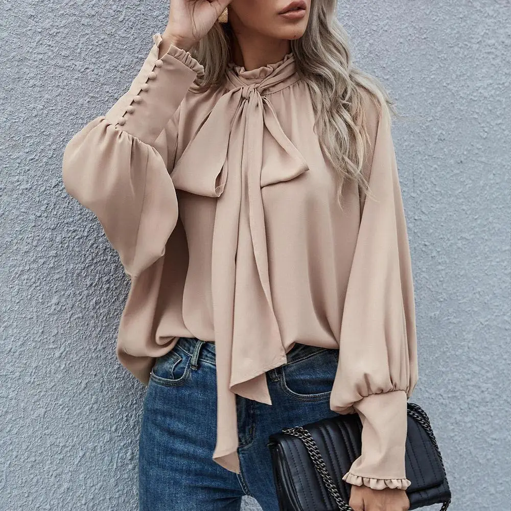 

Elegant Women's High Collar Lace up Lantern Sleeve Shirt Top Long Sleeve Casual Fashionable Women's Clothing