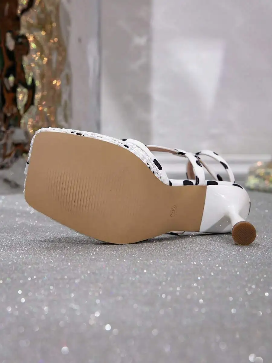 

White Polka Dot Square Toe Stiletto Heel Sandals With Ankle Strap