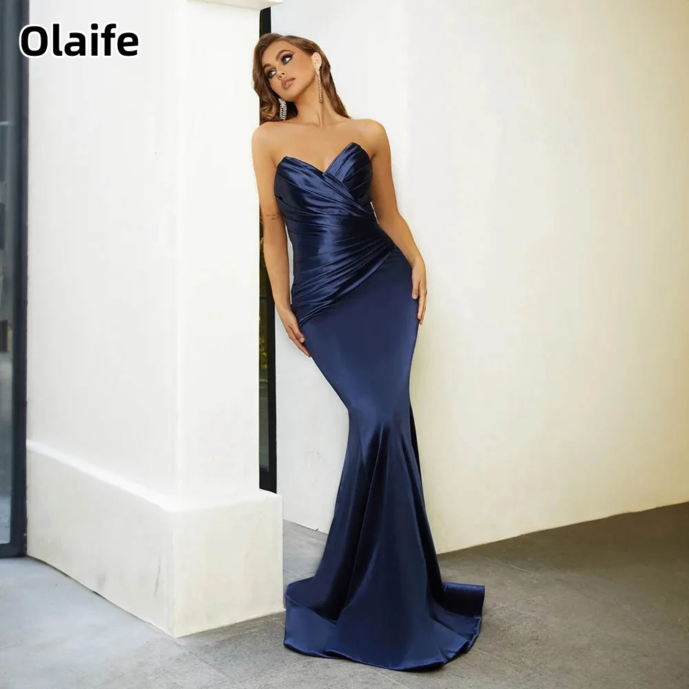 

Olaife Simple Sweetheart Satin Mermaid Sleeveless Prom Dresses Zipper Sweep Train Evening Gown Vestidos De Noche