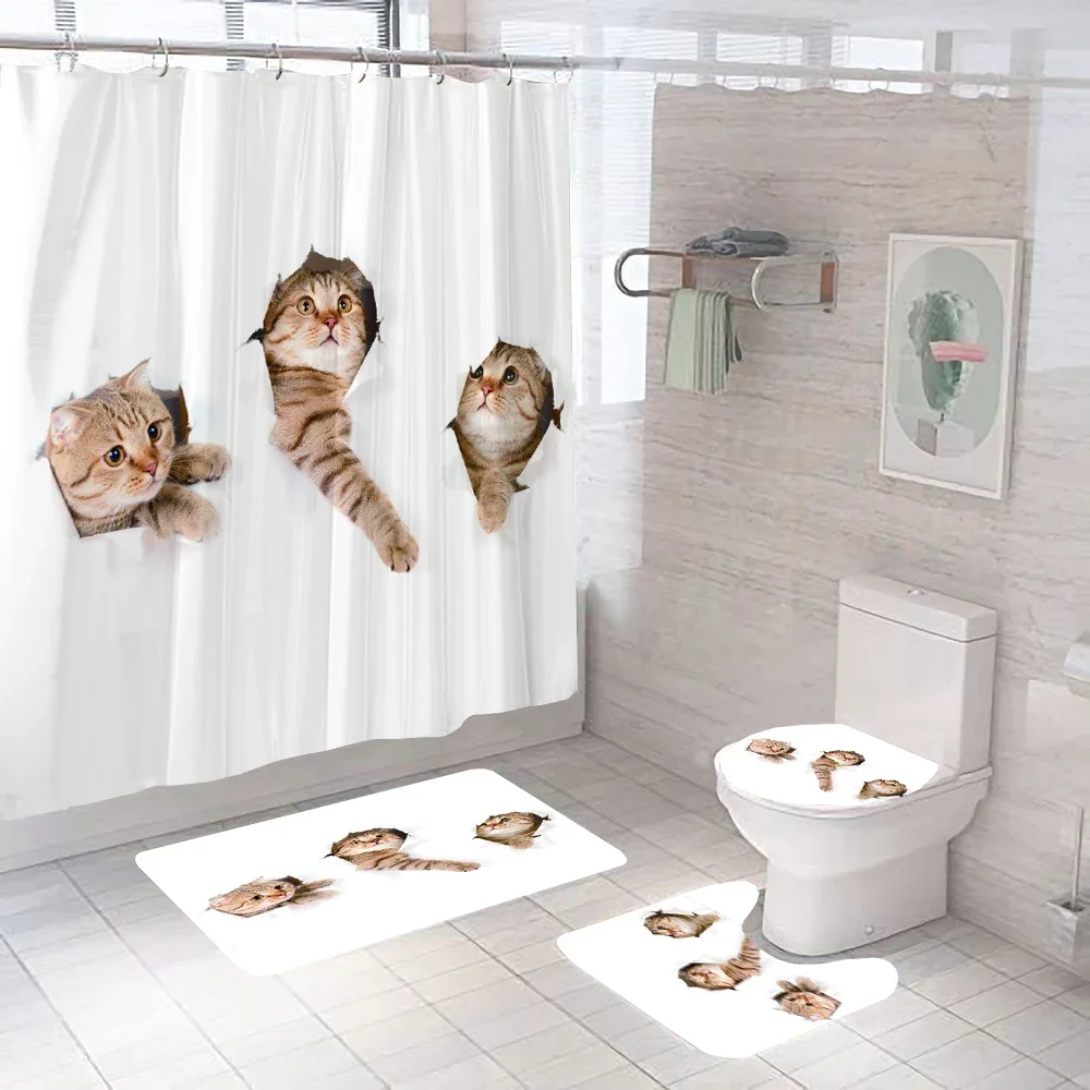 

Animal Shower Curtain Cute Funny Cat Naughty Kitten Pet Bathroom Shower Curtain Set, Bathroom Waterproof Fabric Decoration Set