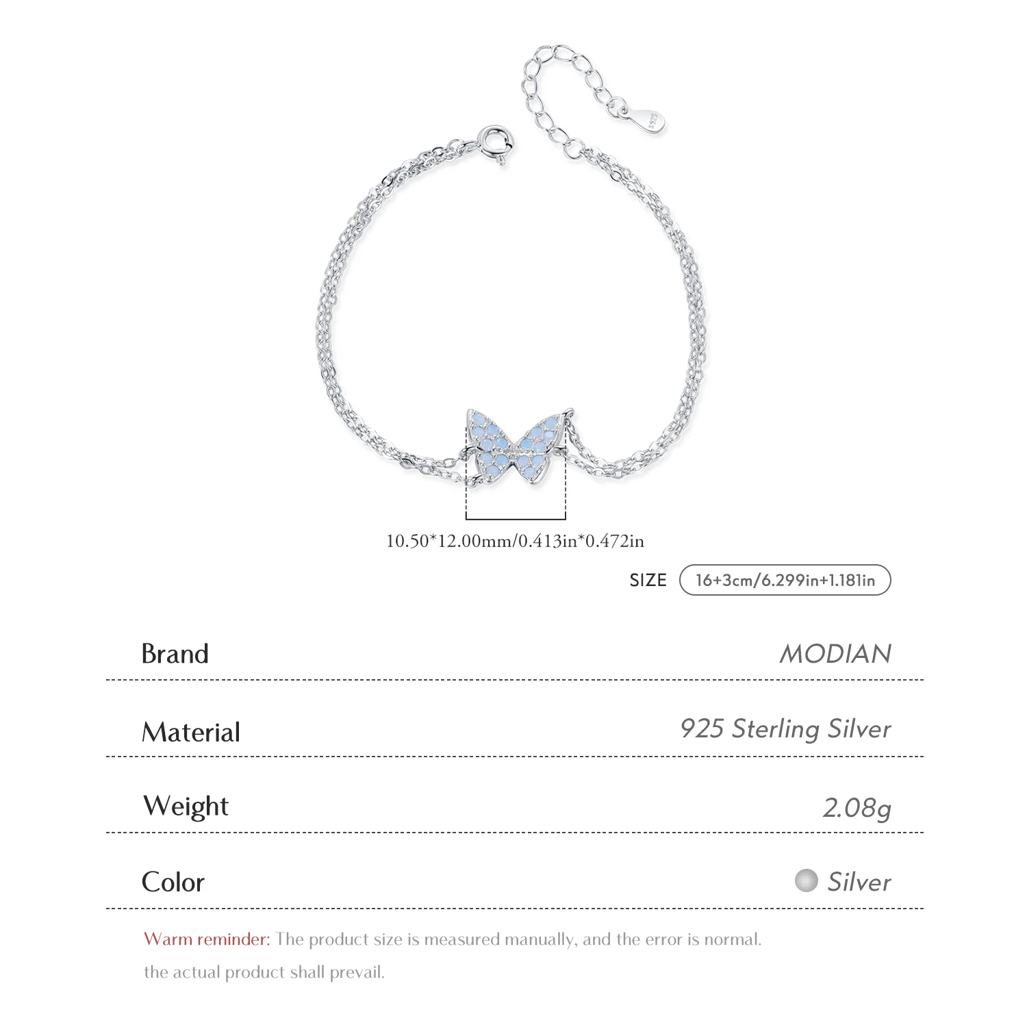 MODIAN Sweet Blue Opal Butterfly Bracelet 925 Sterling Silver Fashion Double Layer Link Chain Bracelets For Women Fine Jewelry