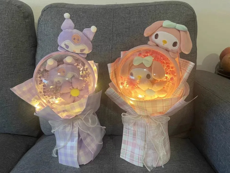 Sanrio minha melodia buquê cinnamoroll buquê bonito flor kawaii dos desenhos animados recheado boneca macia menina presentes de aniversário do dia dos namorados