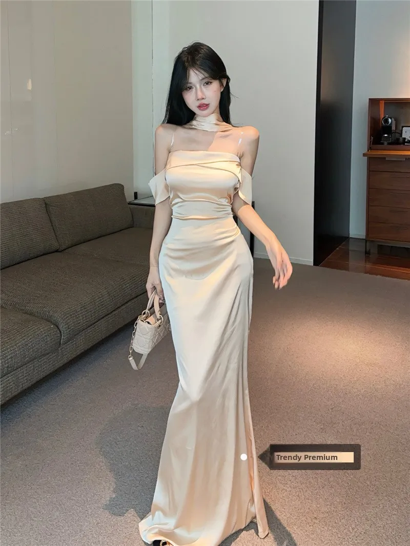 

Satin One-oulder Gown Women's Faion Champagne Color Waist-Cinched Pleated Fi-Tail Skirt Bodycon Dr Sexy Sle