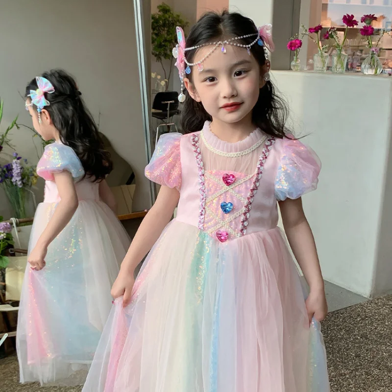 

Girls Cake Dress New Short Sleeve Princess Puff Dress Birthday Gift Stylish Rainbow Dress