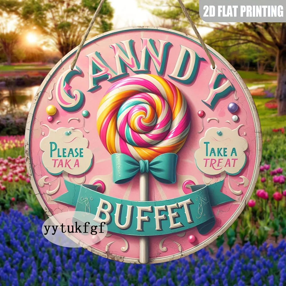 2D plano, 1 peça de sinal decorativo com tema de buffet de doces - arte de parede de madeira retrô com fundo rosa vibrante, design de pirulito colorido