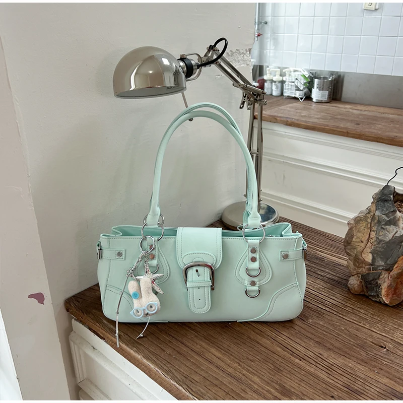 Hobo-Handtasche, Damen Motorrad-Biker-Stil Arbeitstasche, Y2k Mädchen Edgy Vintage Chic Mintgrüne Satteltasche – Detail 27