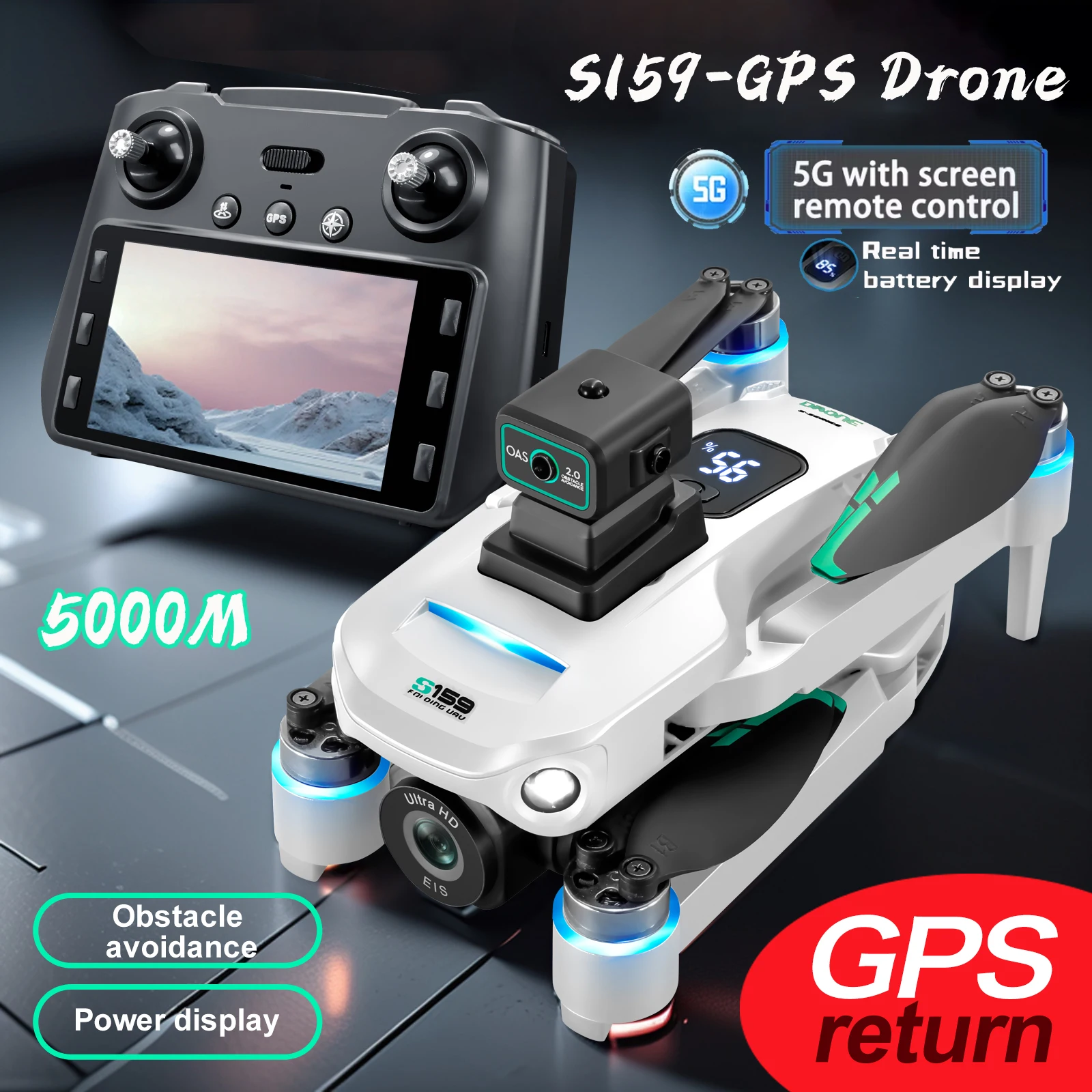 طائرة بدون طيار S159 GPS احترافية 360 درجة °   كاميرا مزدوجة عالية الدقة 8K لتجنب العوائق مع شاشة 5G WIFI FPV Dron كوادكوبتر قابلة للطي
