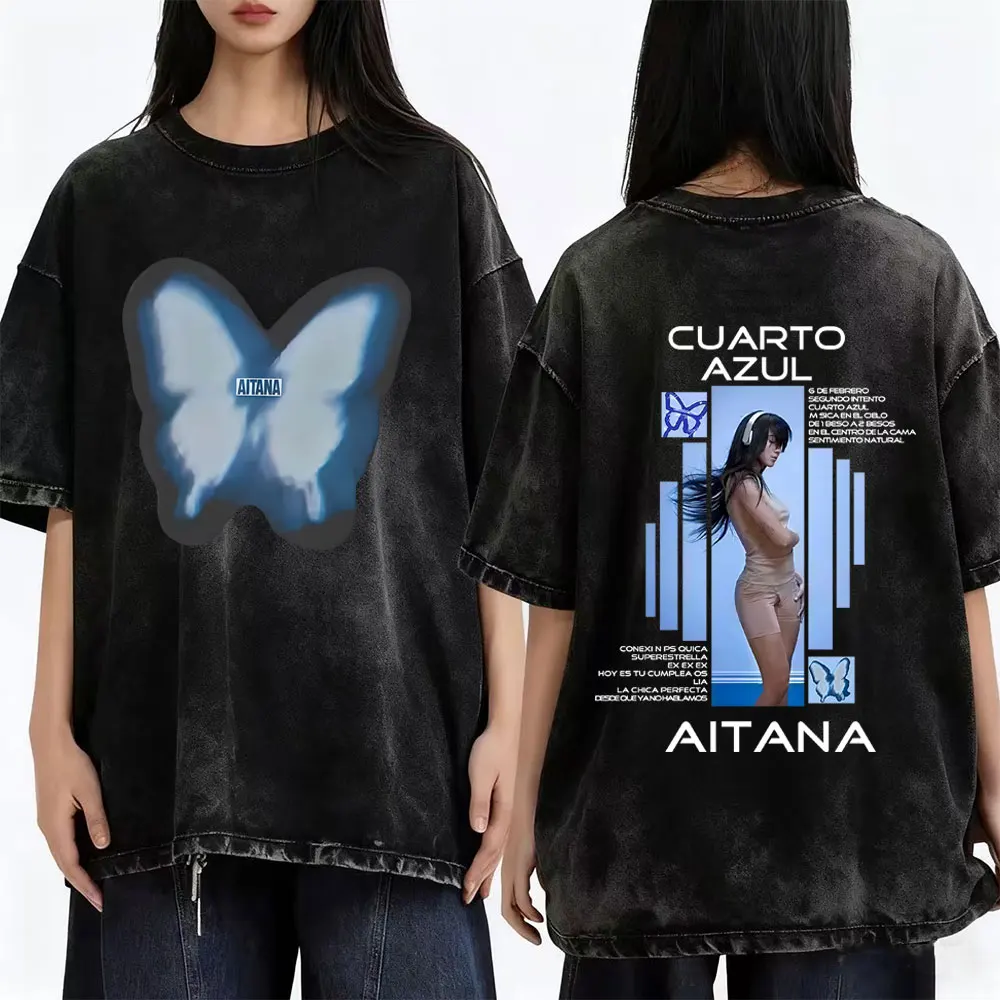 

Washed Vintage Aitana Cuarto Azul Album Merch T-shirt Butterfly Graphic T-shirts Men Women Fashion Pop Music T Shirt Streetwear