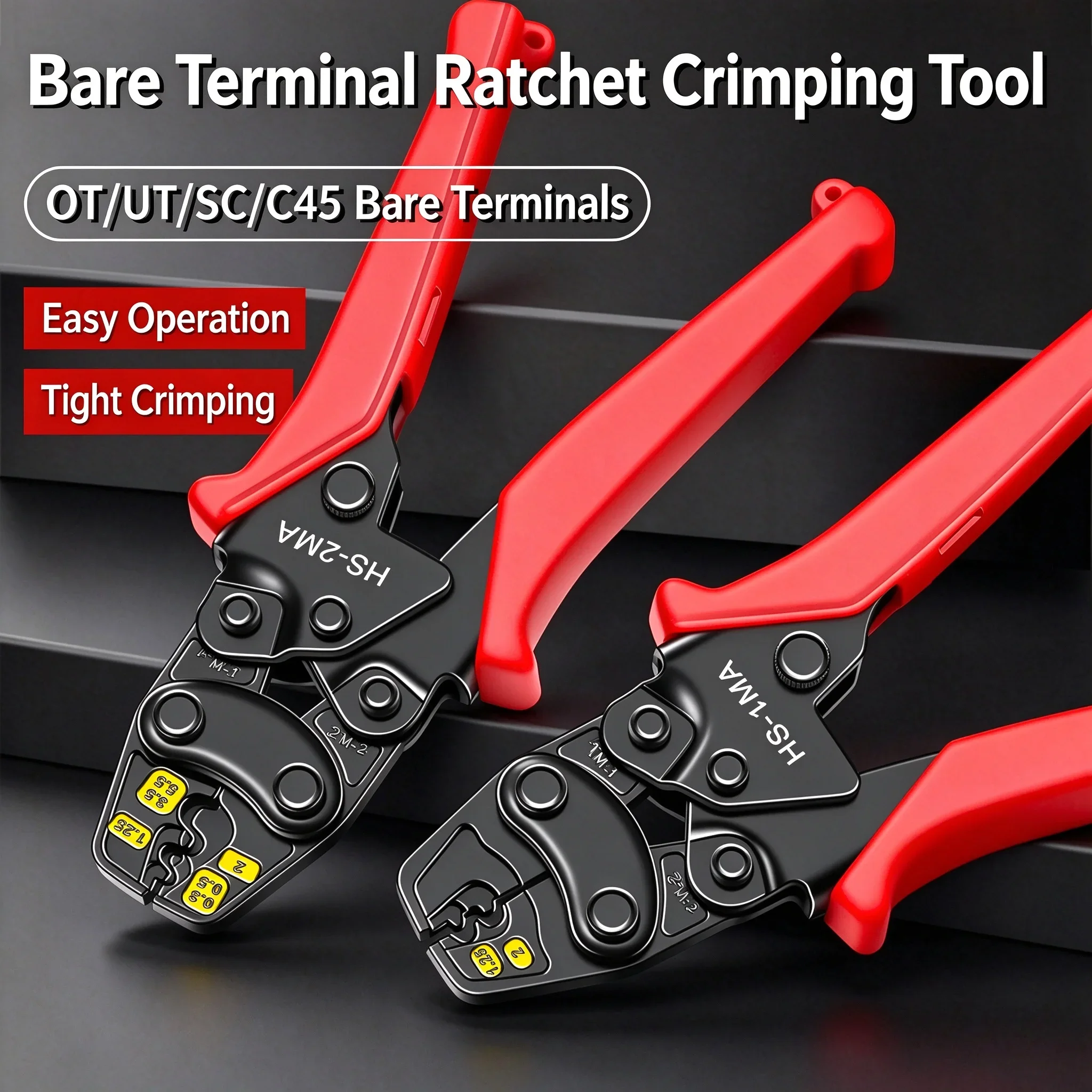 HS-1MA/2MA Mini Crimping Pliers Ratchet Non-Insulated & Insulated Terminals UT/OT/SC/C45 1.25-2mm2/0.3-5.5mm2 Electrician Tool