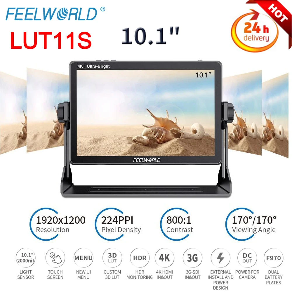 FEELWORLD LUT11S 10.1 Inch 2000nit Ultra Bright IPS Touch Screen 3DLUT 3G-SDI HDMI-compatible Camera Monitor with F970 External