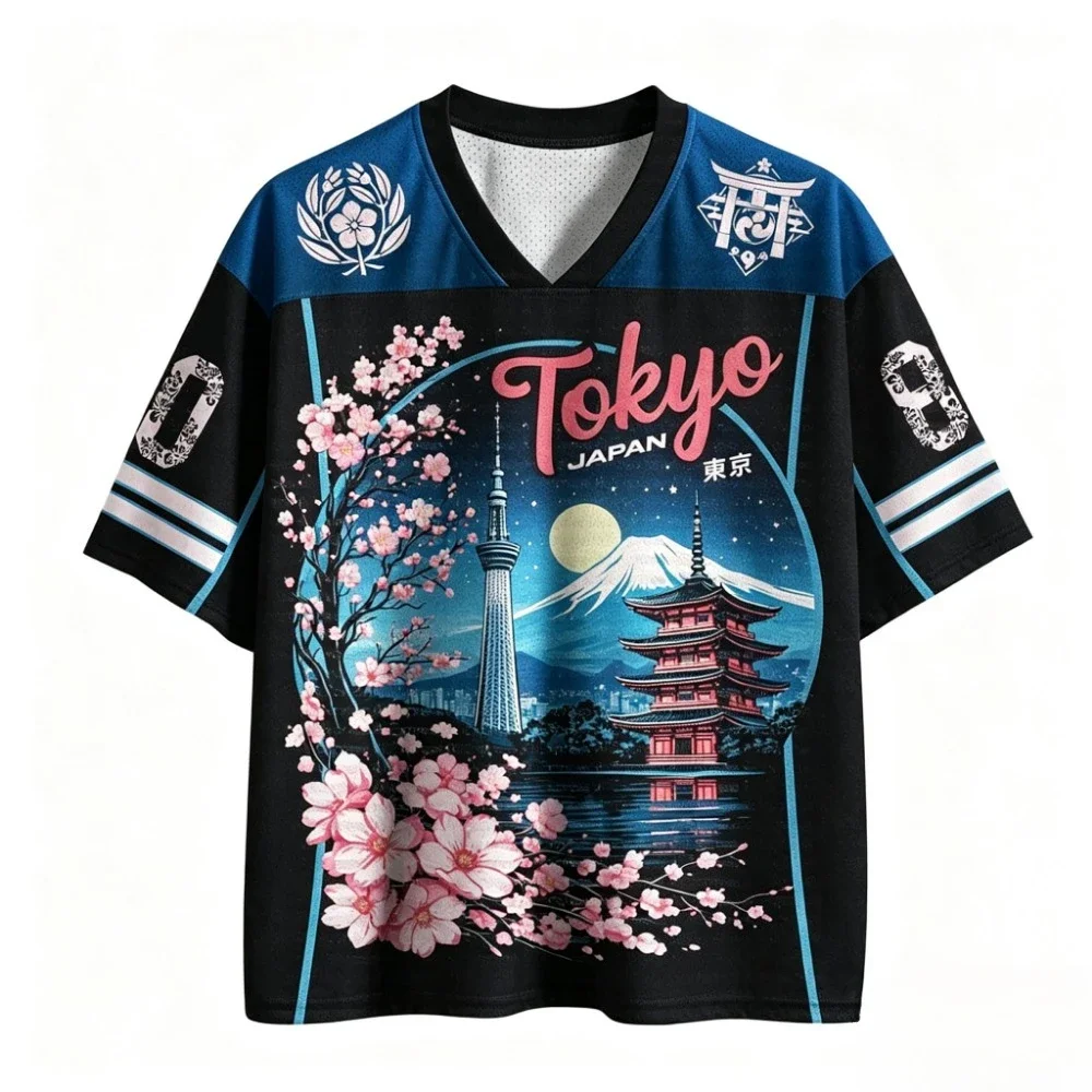 Tokyo Cherry Blossom Mount Fuji Breath Schnelltrocknendes 3D-Druck-T-Shirt mit V-Ausschnitt für Herren und Damen, Outdoor-Freizeitmode, Eltern-Kind-Kleidung – Detail 2