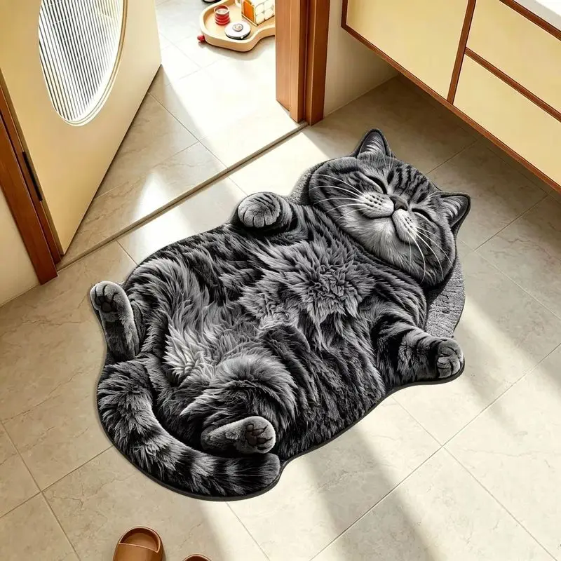 VIKAMA Lying White Cat Irregular Rug Cute Print Non Slip Mat For Bedroom Bathroom Living Room Kawaii Pet Lover Decor